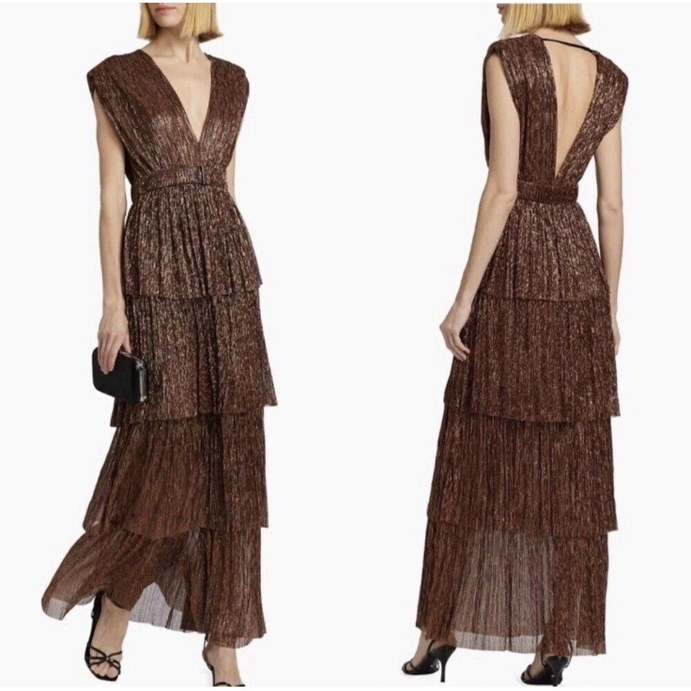 Sabina Musayev Skylar Tiered Metallic Gown Bronze Brown M Gilded Glamour $575
